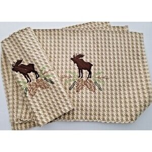 St Nicholas Square Fabric Placemats Textured Applique Embroidered Moose Set of 4